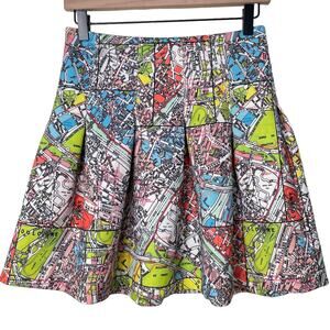Maeve Anthropologie Carte Neoprene Map Paris Print Pleated Skater Mini Skirt 2